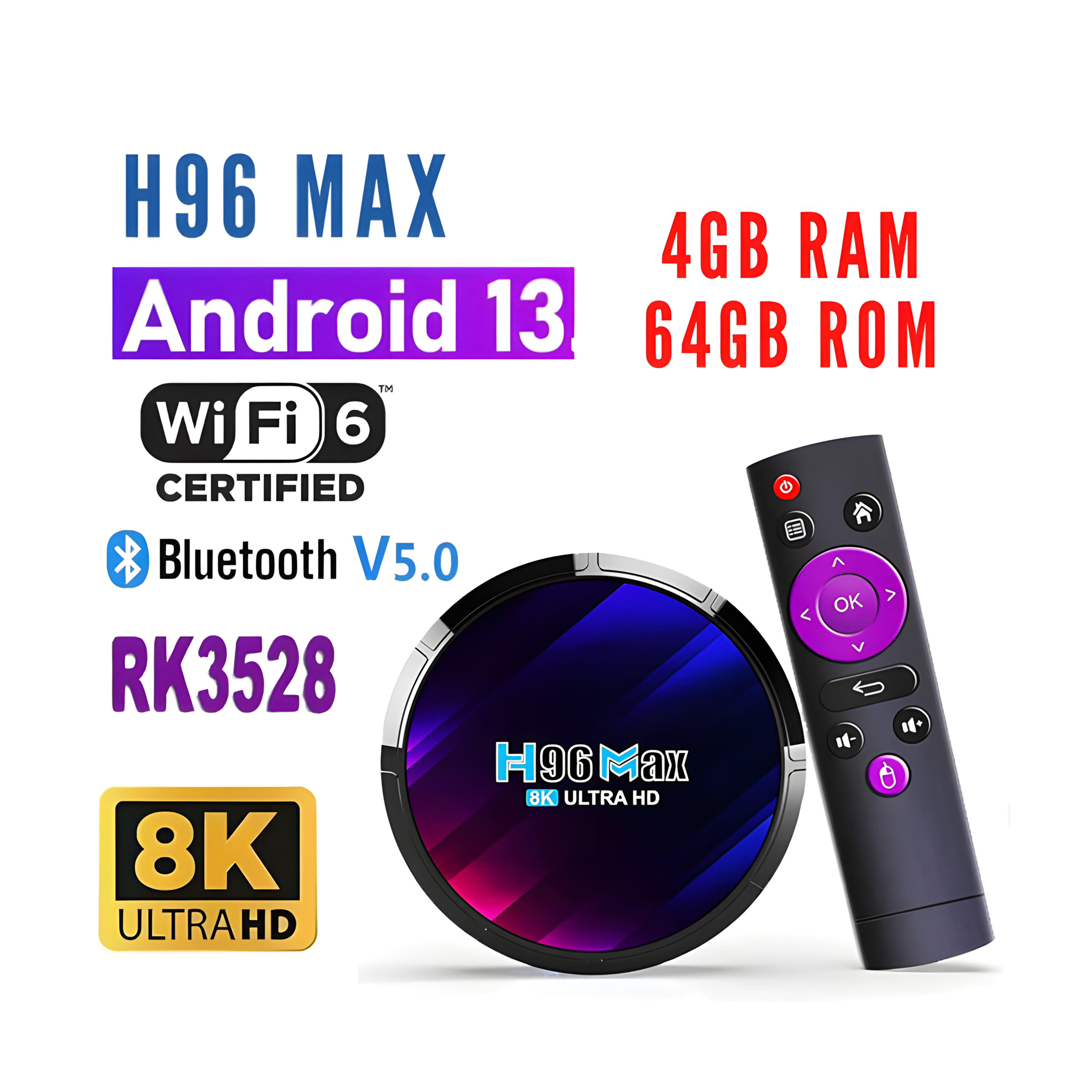 Noteware H96 Max TV Box | Android 13 | 8K Ultra HD | 4GB RAM – 64GB Memory | 2 USB Ports | WiFi – 5G – LAN | 1m Ethernet Cable Free